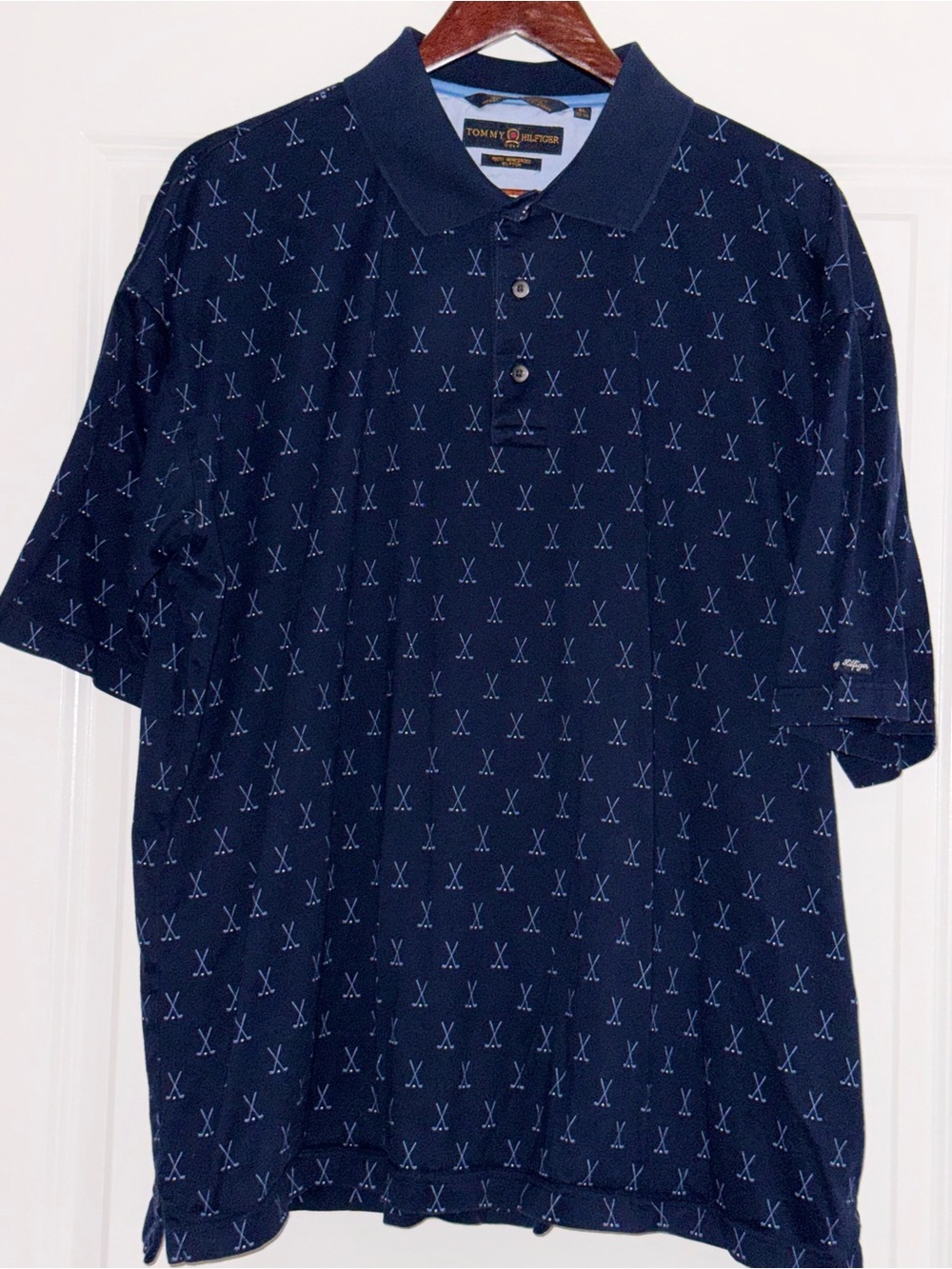Tommy Hilfiger Mens XL Navy Golf Print 100% Pima Cotton Performance Golf Shirt